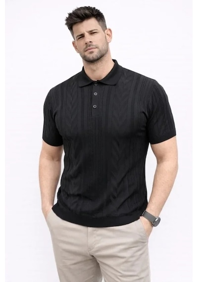 Erkek Yazlık Triko Tişört Kısa Kol Polo Yaka Düğmeli T-shirt - Siyah