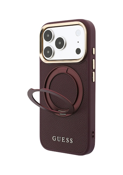 Apple iPhone Uyumlu 18 Pro Max Kılıf Guess Lisanslı M-safeli 360 Standlı Pu Metal Yazı Logolu Kapak Bordo