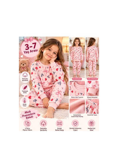 Üç Gül Ticaret Kız Çocuk 3-7 Yaş Kalpli Fiyonklu Pijama Takımı İçi Pamuklu Şardonlu Pembe