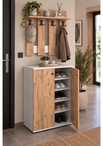 Sulorahome Metal Ayakkabılık Ve Duvar Askılılık Seti Çam Desenli Beyaz - Çam