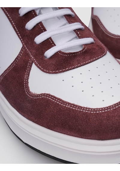 %100 Hakiki Deri Beyaz - Bordo Bağcıklı Erkek Sneaker-beyaz Beyaz