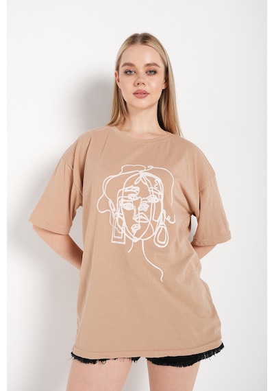 Flood Of Style Kadın Çizgili Figür Oversize Vizon T-shirt Bej