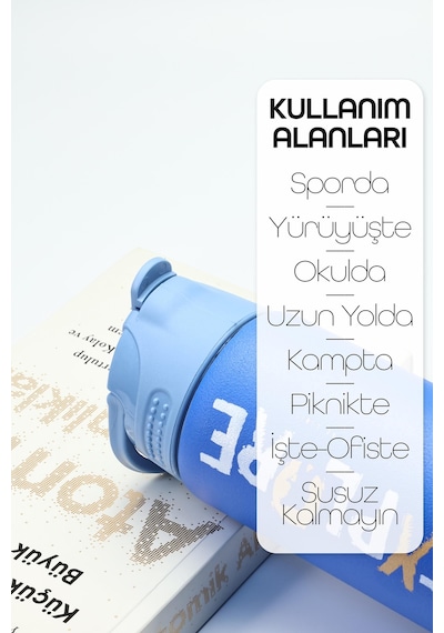 Paslanmaz 304 Çelik Matara Pipetli Motivasyon Matarası Suluğu 304 Çelik Suluk Mavi 750 Ml 1156 Mavi