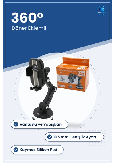 Araç İçi Telefon Tutucu Döner Eklemli Vantuzlu İla 105 Mm Geniş
