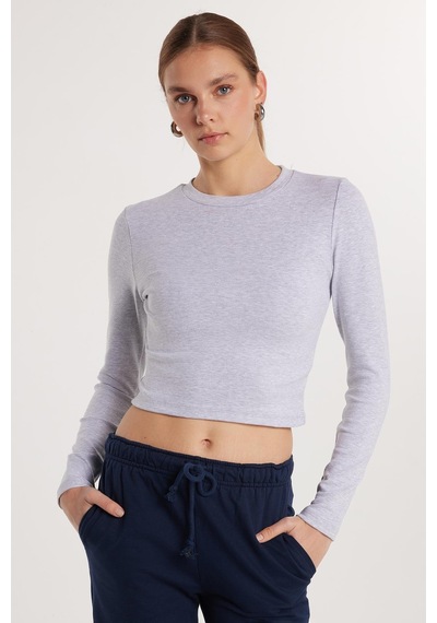 Tudors Kadın Slim Fit Dar Kesim Bisiklet Yaka Gri Bluz-33369 Gri