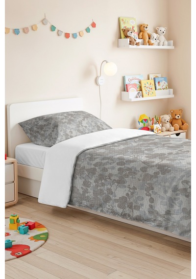 Gri Botanik Tek Kişilik Pike Takımı-minimal Yaprak Antrasit Bej 160x220 Cm Kapitone Yatak Örtüsü Melez Kulübe Dengesi