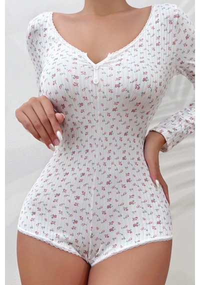 Merry See Çiçek Desenli Tasarım Tulum Gecelik Body Çok Renkli
