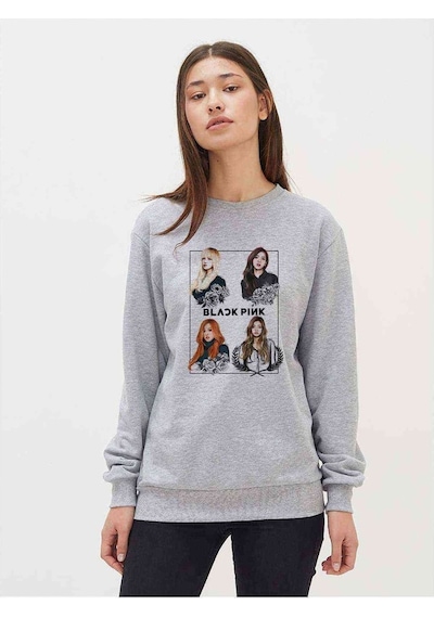 Kpop Blackpink Black Pink Baskılı Gri Kadın Sweatshirt
