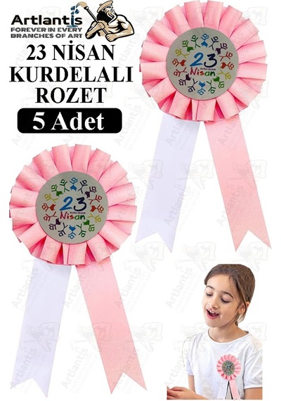 23 Nisan Kurdelalı Rozet 5 Adet Pembe Beyaz Yaka Rozeti Çocuk Bayram Etkinlik 15 Cm Kokart