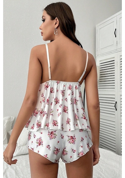 Merry See İnce Askılı Çiçekli Dantel Detay Şortlu Pijama Takım Gecelik Beyaz