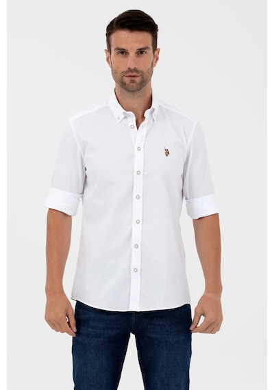 U.S. Polo Assn. Erkek Düğmeli Yaka Slim Fit Uzun Kollu %100 Pamuk Beyaz