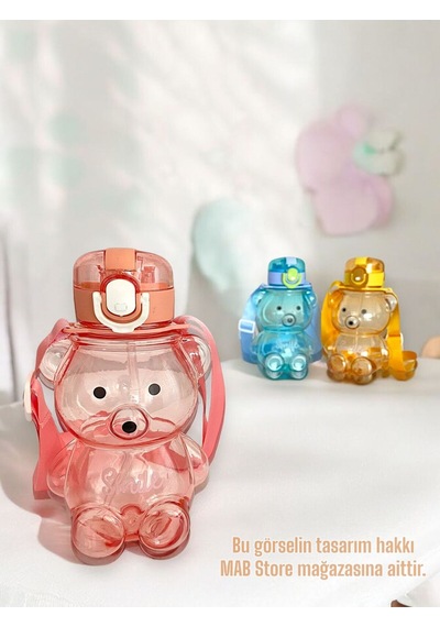 Sevimli Ayıcık Figürlü Su Matarası - Ayıcıklı Smile Şeffaf Suluk Okul Su Şişesi 700ml Pembe Plastik Diğer