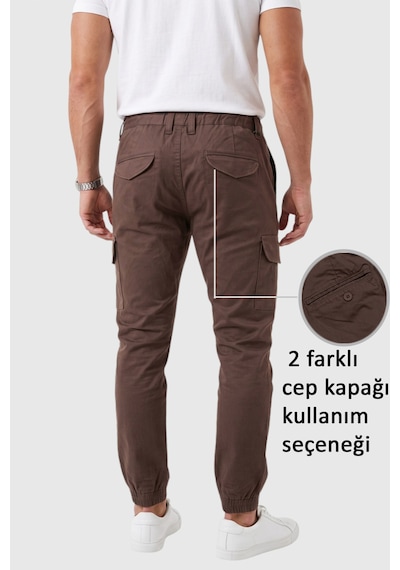 Rizzup Erkek Slim Fit Likralı Kahve Kargo Jogger Pantolon İpli Bel Lastikli Paça 1601569