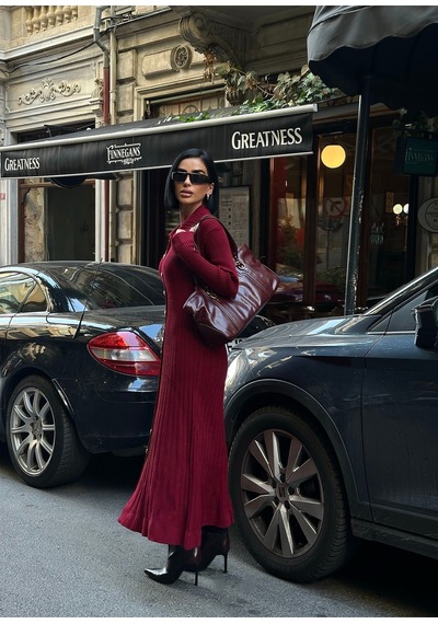 Meecy Uzun Triko Elbise Bordo Bordo