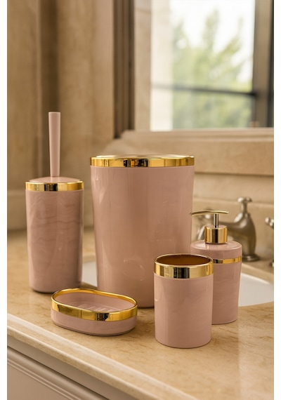 Makri Home Banyo Seti 5'li,akrilik-çöpkovası,wc Fırçalık,sıvı Sabunluk,diş Fırçalık,el Sabunluk,gold Renk Detay Somon