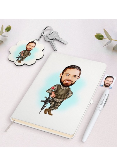 Kişiye Özel Asker Karikatürlü Beyaz Defter Kalem Ve Anahtarlık He N11.13920