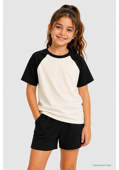 Ekru-siyah Standart Fit Reglan Kollu Kız Çocuk T-shirt - 75180 Ekru/sıyah