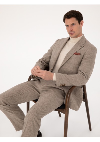 Cacharel Bej Slim Fit Yün Kaşmir Karışımlı Mikro Desenli Ceket