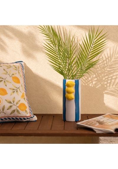 Deco Çizgili Limon Vazo - Mavi / Krem- 23x11 Cm Çok Renkli