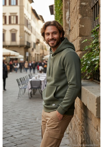 Buratti Regular Fit Kapüşonlu Kanguru Cepli Içi Tüylü Yumuşak Şardonlu Erkek Sweat 5905281 Haki