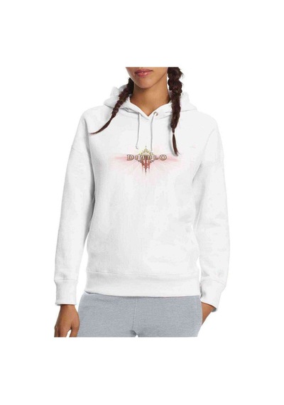 Diablo Baskılı Beyaz Kadın Kapşonlu Sweatshirt