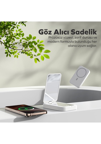 Woyax Ledli Makyaj Aynalı Powerbank 3000mah Taşınabilir Şarj Cihazı Apple Uyumlu iPhone Samsung Xiaomi Beyaz