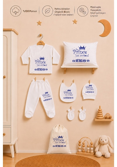 Pia Baby İsimli Erkek Bebek %100 Pamuk Zıbın Set Yastık Kılıfı Battaniyeli Kıyafet Keseli 2033zybk3x Ekru