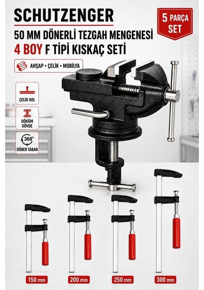 50mm Dönerli Tezgah Mengene 4 Adet 150-200-250-300 Kıskaçlı Mengene Marangoz Atölye Seti