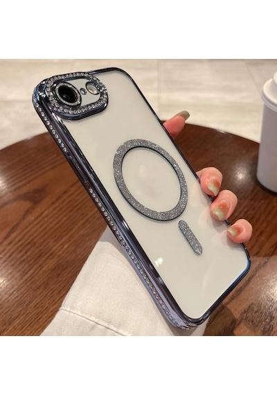 Apple Uyumlu iPhone 16e Kılıf Simli Magsafe Kamera Kenar Taşlı Kapak Mavi
