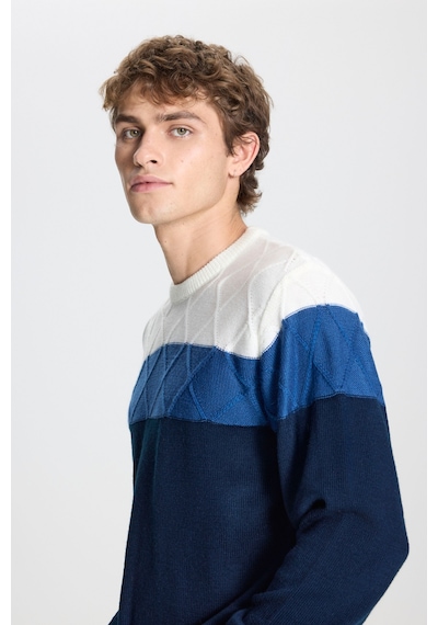 AC&Co / Altınyıldız Classics Erkek Ekru-lacı Standart Fit Normal Kesim Bisiklet Yaka Colorblock Desenli Yünlü Triko Kazak Ekru - Lacivert