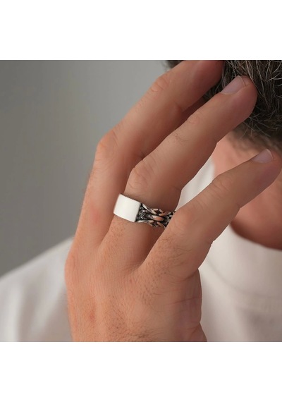 İpek Silver 925 Ayar Gümüş Motifli Üstü Kişiselleştirilebilir Erkek Yüzüğü Çok Renkli