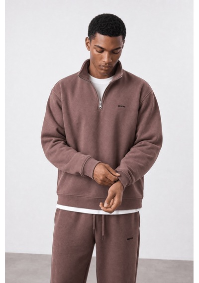 Erkek Respire Basic Half Zip Oversize Sweatshirt Kakao Kahverengi