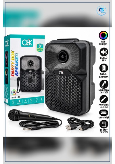 Bluetooth Hoparlör 8 İnç Mikrofonlu Karaoke Şarjlı Rgb Işıklı Kab
