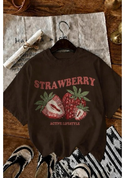 Strawberry Active Lifestyle Bisiklet Yaka Eskitme Baskılı Rahat Kesim Tişört Kahve