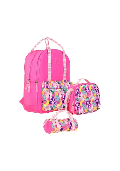 Kaukko Double Stripe Kız Çocuk İlkokul Üçlü Okul Çantası Seti - Pembe - Yaprak Desenli Pembe