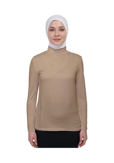 Manolyaşal İslamic Hijab Hafif Uzun Kollu Balıkçı Yakalı Organik Kadın Body Koyu Bej