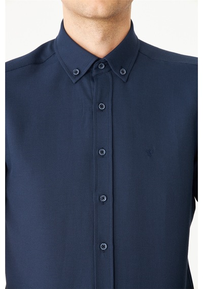 Lacivert Düğmeli Yaka Uzun Kollu Gömlek Slim Fit Laci