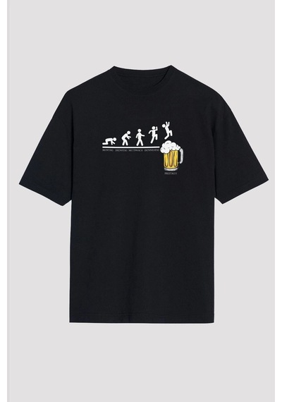 Adrift Ko Buta Bira Evrimi Baskılı Unisex Oversize Tişört - Tshirt Os20103 Siyah