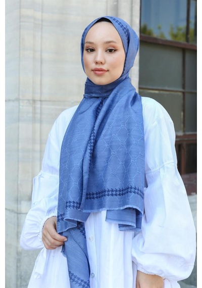 Premium Lux Original Monogram Şal İpek Vual, Yüksek Kalite, Hafif, Rahat, Şık, Tesettür, Shawl Mavi - Siyah
