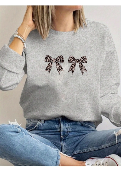 Uyguntarz Unisex Leopar Desenli Kurdele Baskılı Oversize Sweatshirt Gri