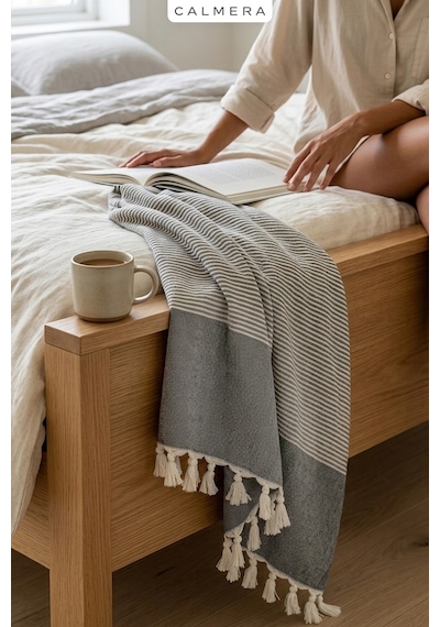Calmera Çizgili Peştemal Pamuk - Doğal Saçaklı Plaj, Deniz, Havuz, Spa, Sauna, Spor, Seyahat Havlu - Siyah