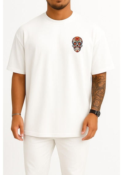 Bahriyeli Collection Oversize Mexican Day Of The Dead Skull Orange Pattern Cep Ve Sırt Tasarımlı Unisex T-shirt Beyaz