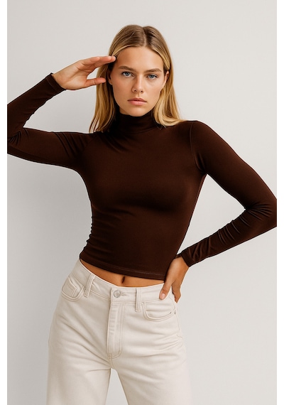 Rich Kadın Kahverengi Yarım Balıkçı Yaka Uzun Kollu Crop Bluz Kahverengi