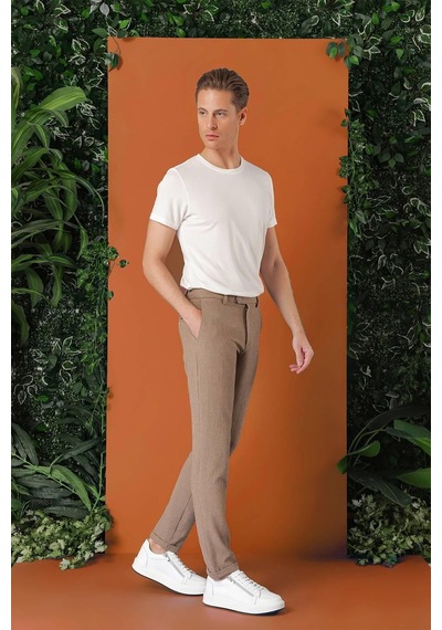 Efor Comfort Fit Beli Lastikli Pötikareli Casual Bej Pantolon P 1149 Bej