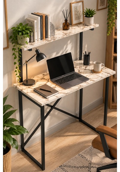 Sulorahome Beyaz Raflı Çalışma Masası Bej Mermer