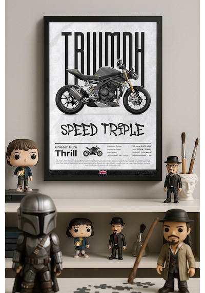 Triump Speed Triple Siyah Ahşap Çerçeveli Poster, Dekoratif Motosiklet Duvar Tablosu
