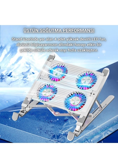 Coofbe Led Işıklı Yükseklik Ayarlı Katlanabilir 4 Fanlı Notebook Laptop Soğutucu Turbo Fan Laptop Standı