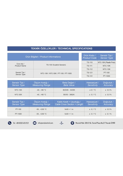 Ems Kontrol Sıcaklık Sensörü NTC 10 K / -40 - +80 C