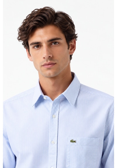 Lacoste Men's Regular Fit Shirt Organik Pamuk Çizgili Erkek Gömlek Açık Mavi Beyaz