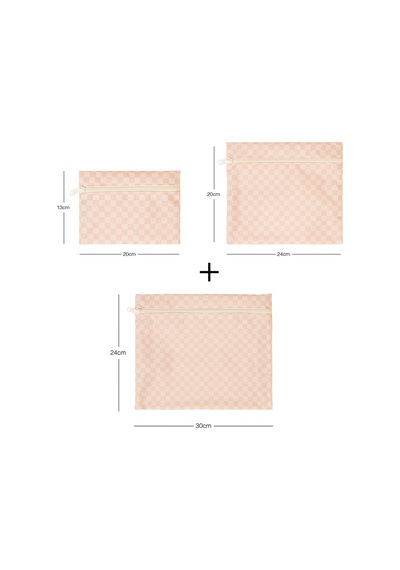 Ocean Home Textile 3'lü Su Geçirmez Pvc Astarlı Pembe Dama Desen Islak Kuru Çantası 20 X 13 / 24 X 20 / 30 X 24 Cm